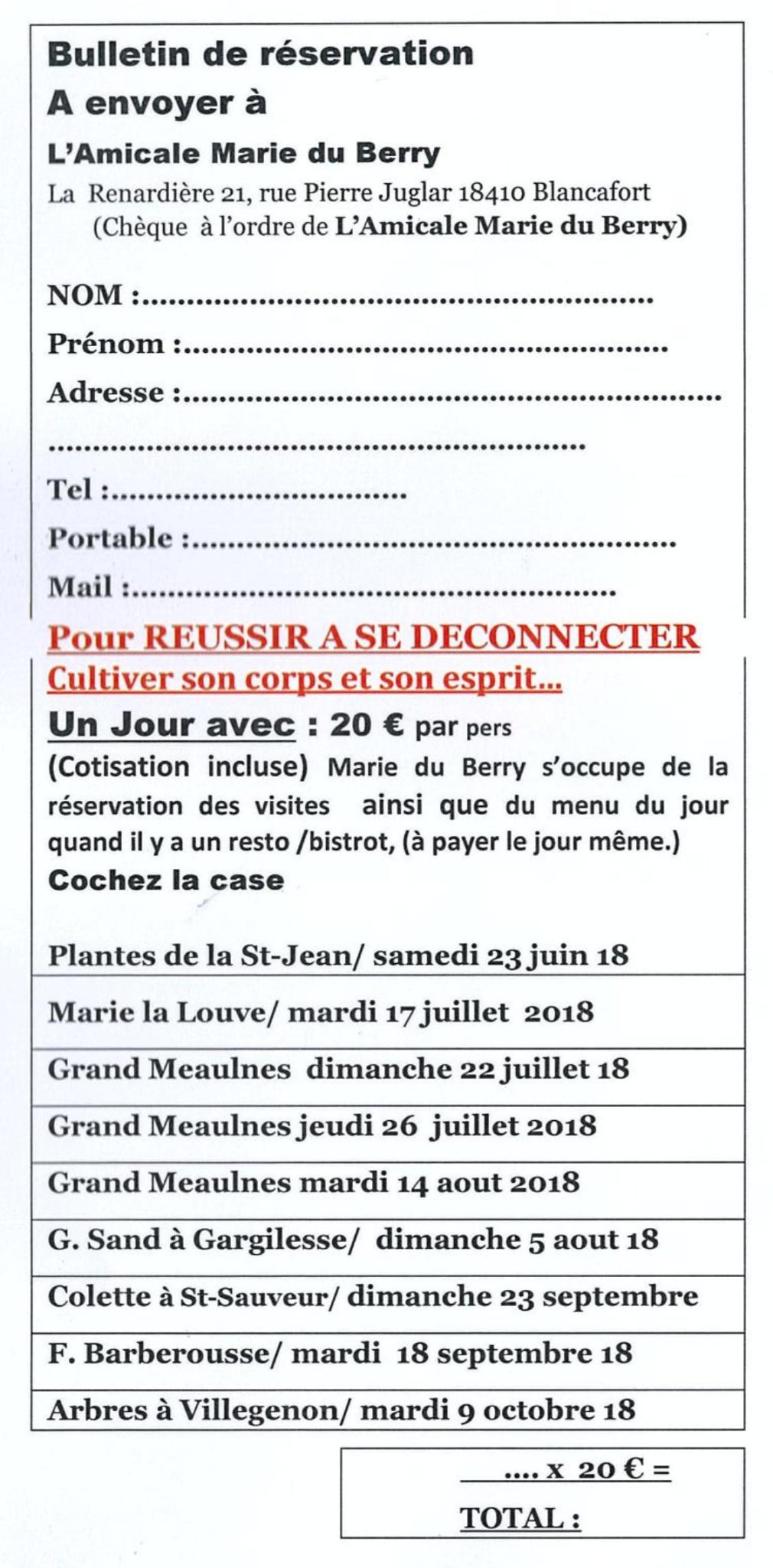 Bulletin d'inscription UN JOUR AVEC - Amicale Marie du Berry été 2018
